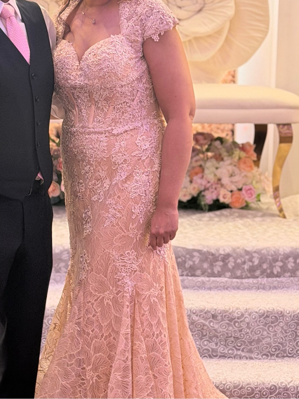 Mac Duggal Blush Pink Lace Mermaid Gown